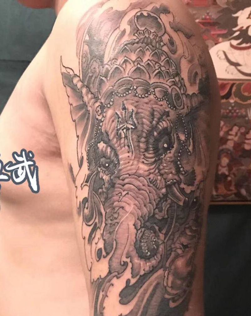 象神纹身图片_手臂新传统纹身图案