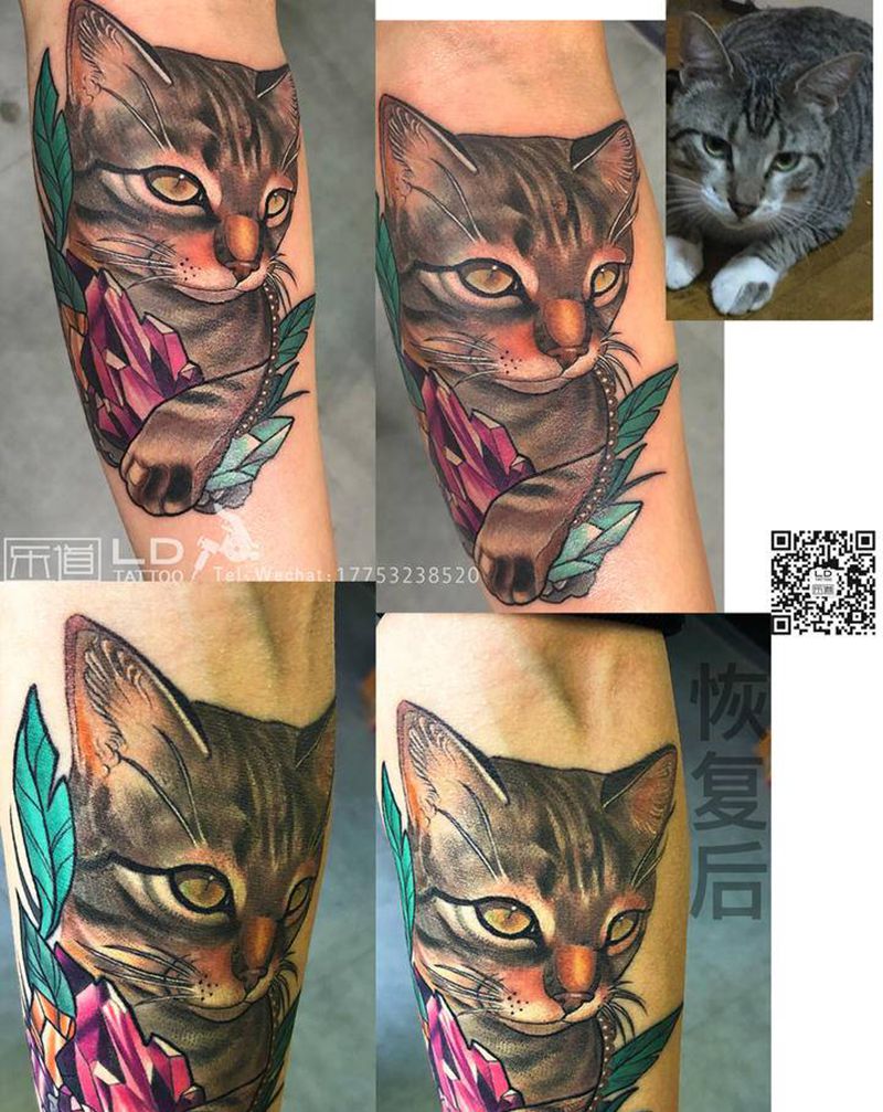乐道出品 恢复后纹身图片_手臂手部欧美写实New School猫猫乐道刺青纹身图案