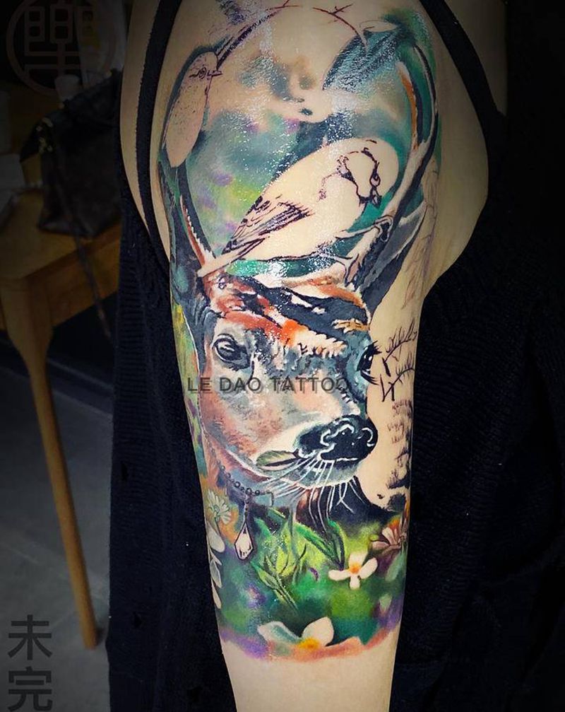 乐道叠彩 写实麋鹿纹身图片_手臂肩部欧美写实鹿鹿花臂纹身图案