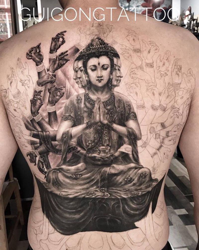 千手观音进度纹身图片_背部欧美写实新传统纹身图案