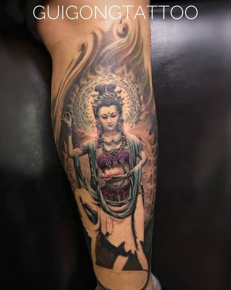 敦煌系列进度纹身图片_腿部欧美写实纹身图案