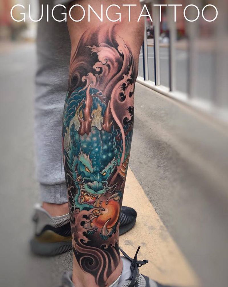 小腿龙待续……纹身图片_腿部新传统纹身图案