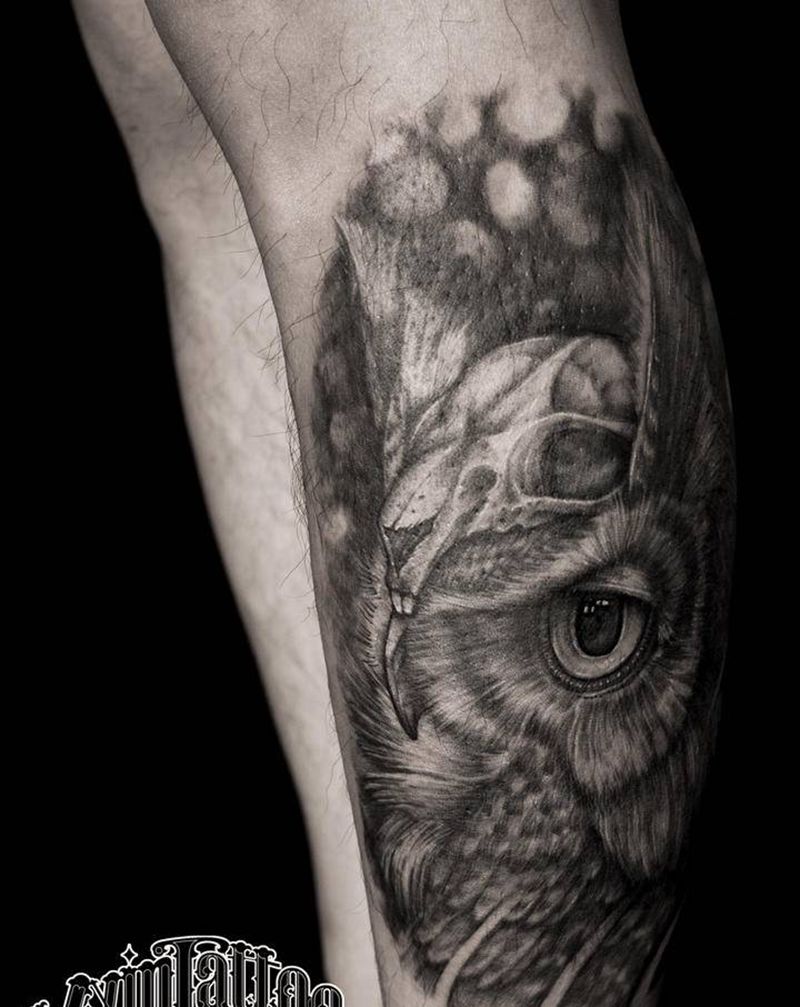 猫头鹰纹身图片_腿部欧美写实猫头鹰纹身图案
