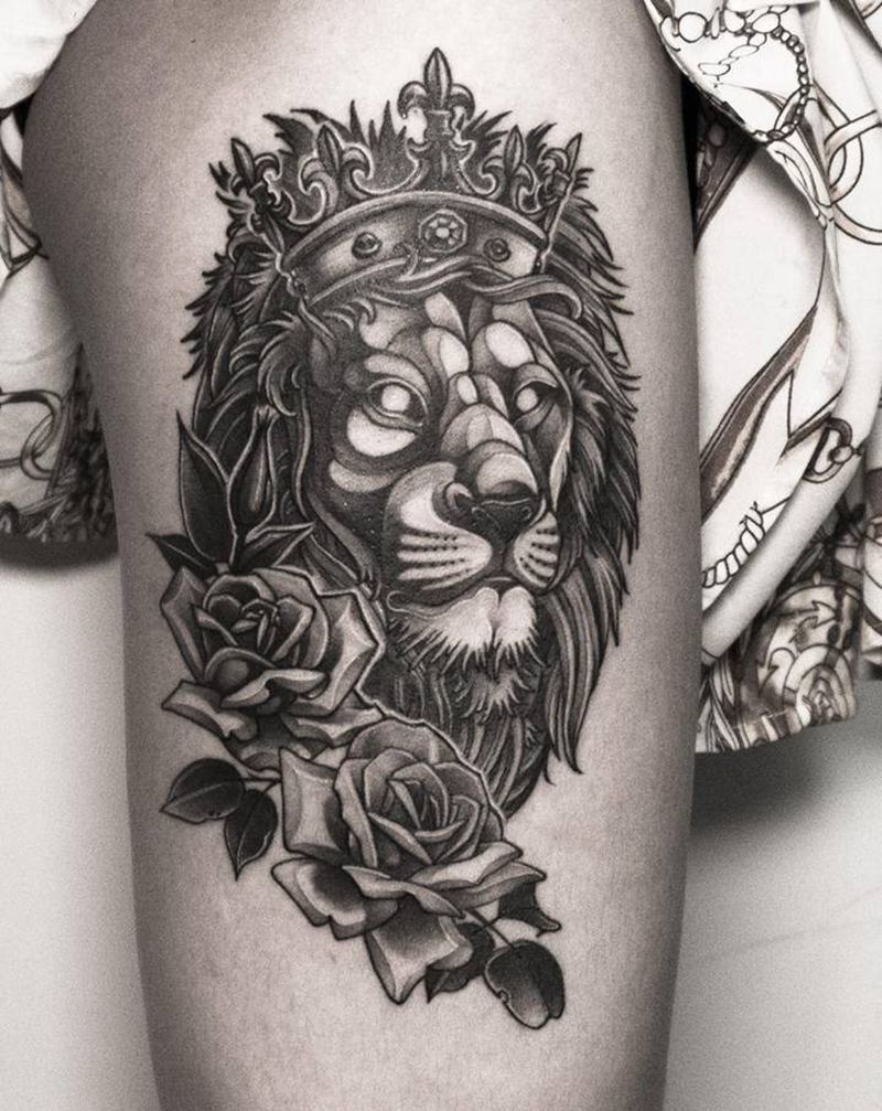 狮子/玫瑰纹身图片_腿部New School狮子纹身图案