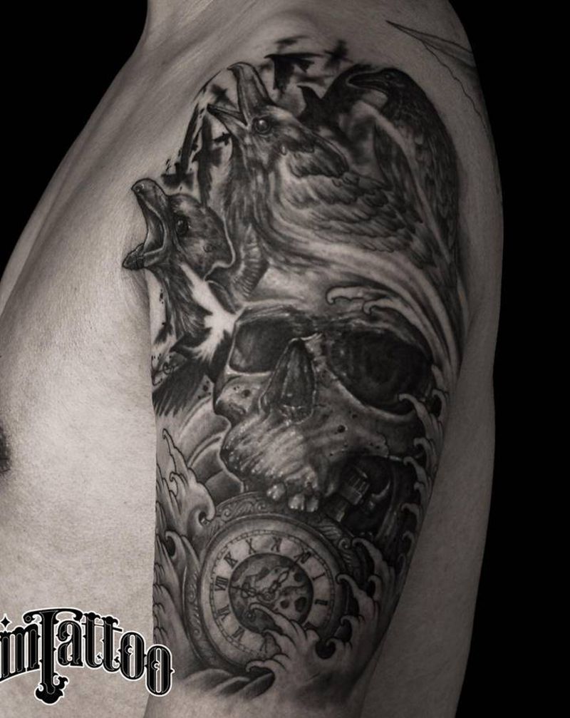 乌鸦/骷髅纹身图片_手臂欧美写实乌鸦骷髅纹身图案