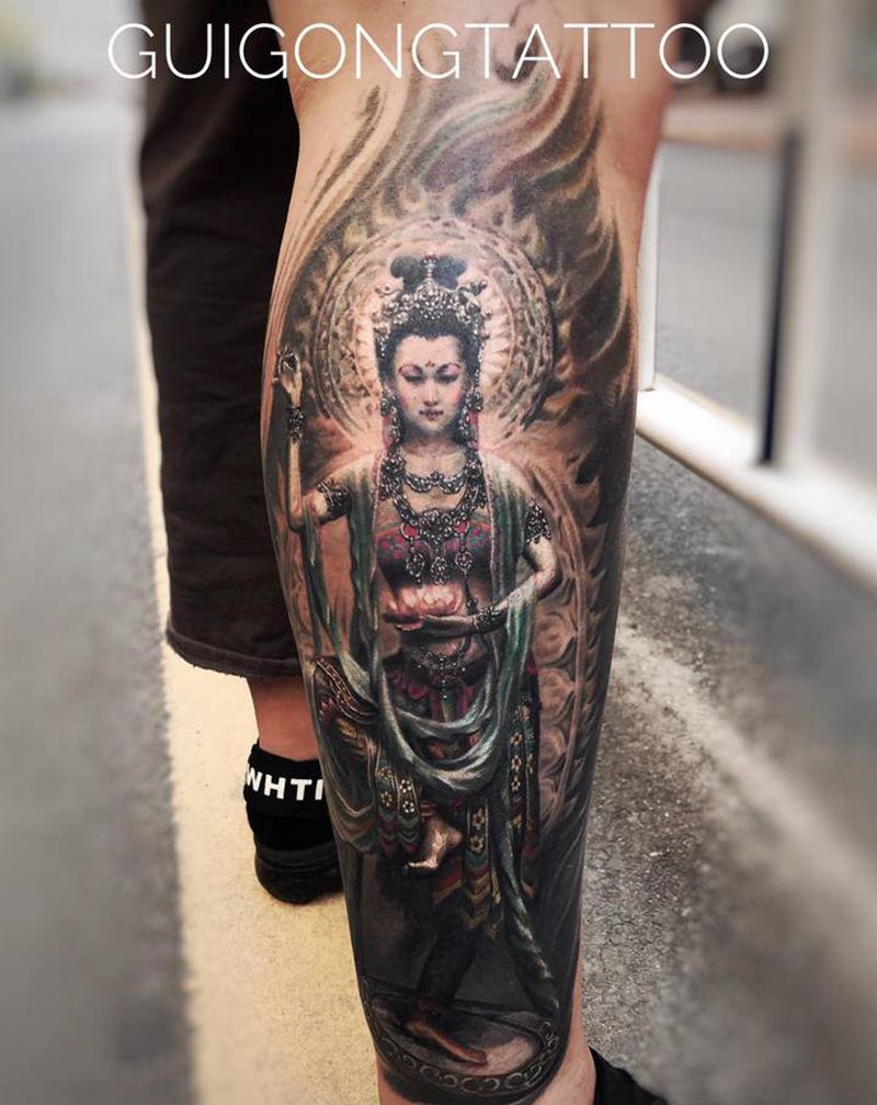 敦煌系列纹身图片_腿部欧美写实纹身图案