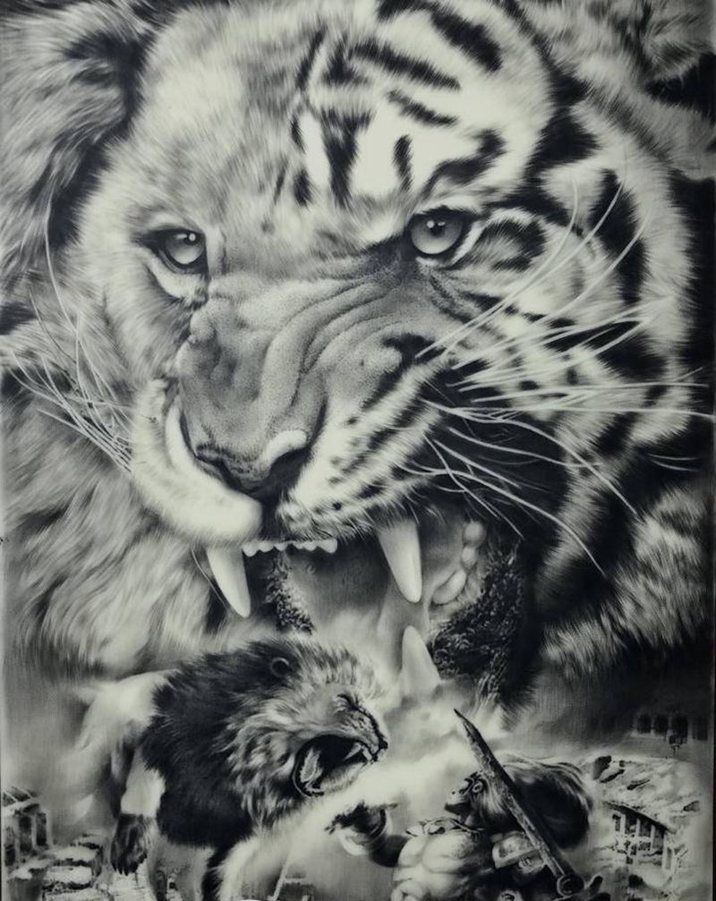 乐道学堂纹身图片_腿部手臂欧美写实老虎狮子纹身图案