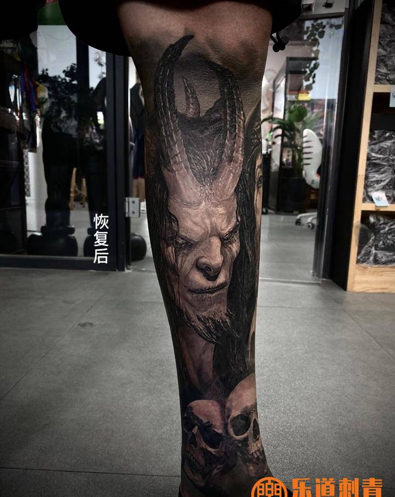 耶稣撒旦恢复效果纹身图片_腿部手臂欧美写实耶稣花腿纹身图案