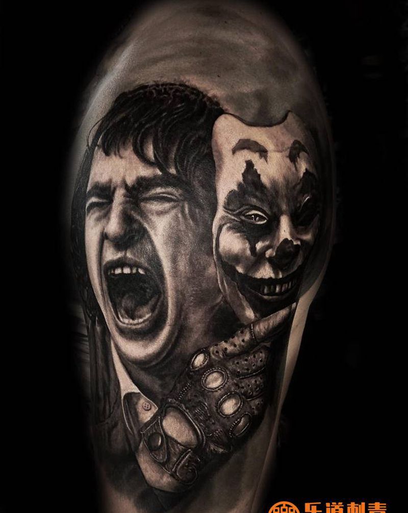 小丑 杰昆纹身图片_手臂肩部欧美写实小丑杰昆纹身图案