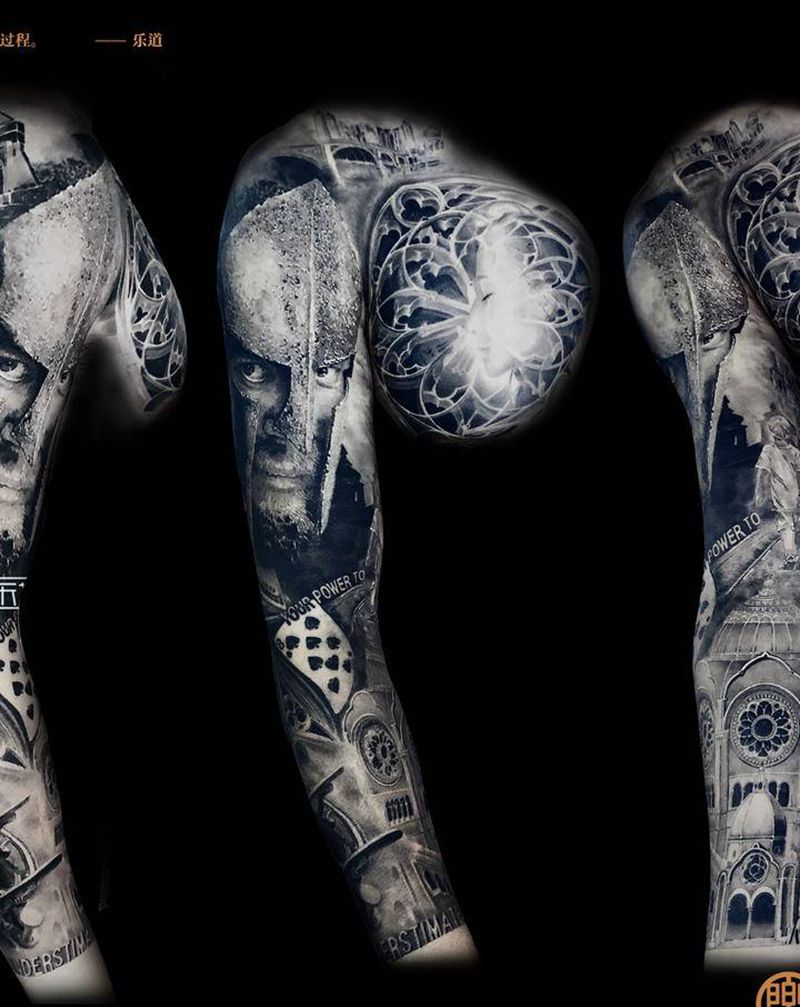 乐道黑灰写实花臂恢复后纹身图片_胸部手臂欧美写实斯巴达肖像建筑纹身图案