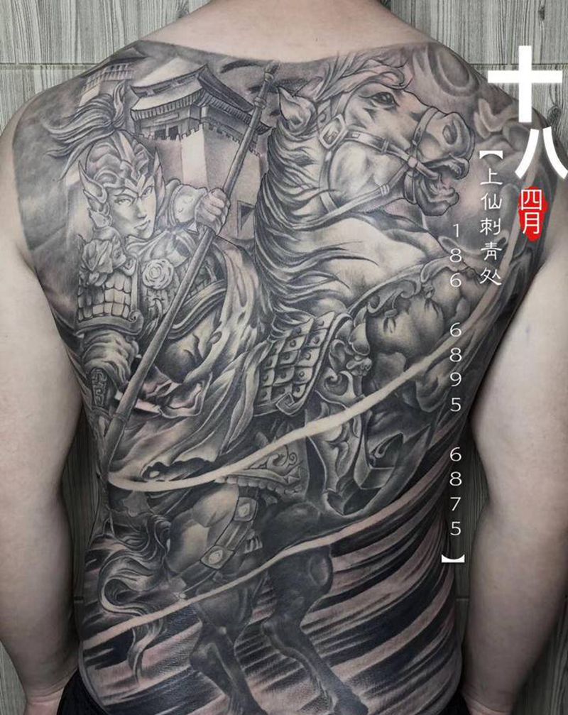 赵云纹身图片_背部新传统赵云 赵子龙武神纹身图案