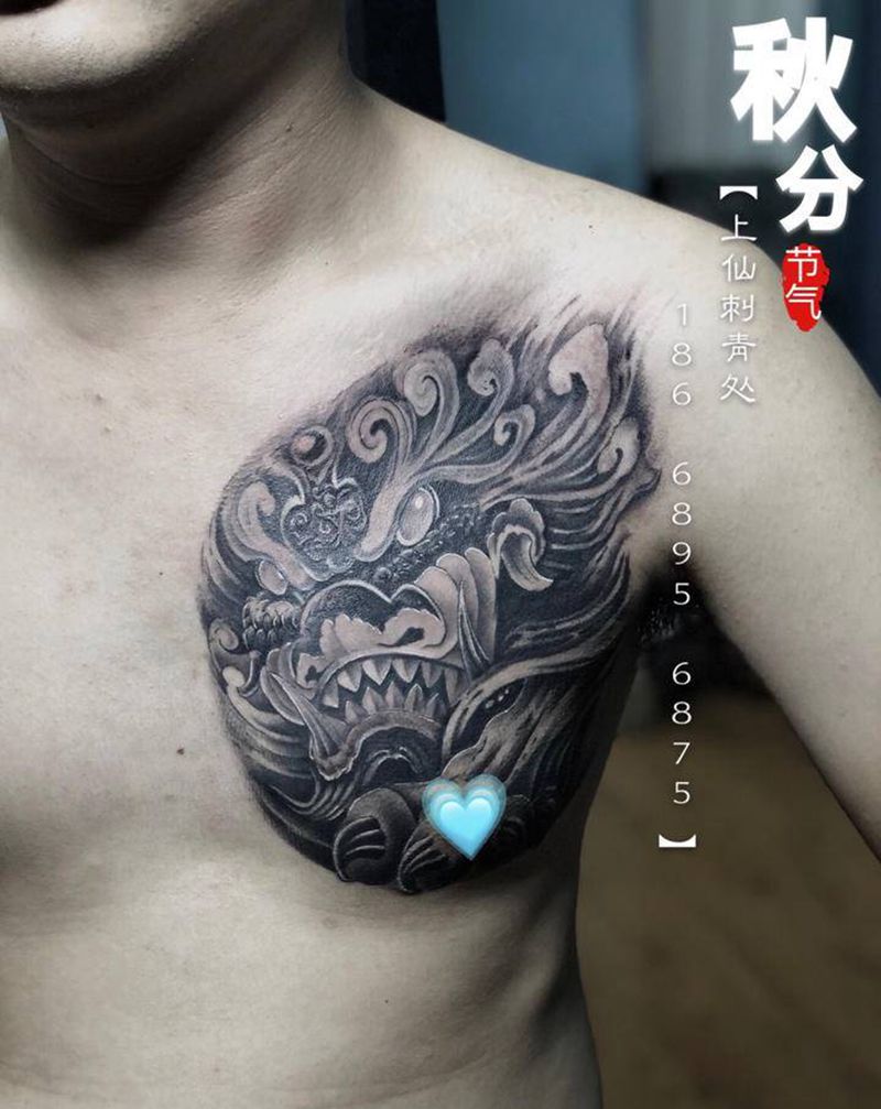 貔貅纹身图片_胸部背部新传统欧美写实貔貅神兽招财纹身图案