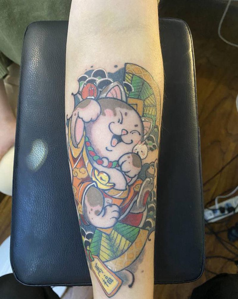 招财猫纹身图片_水彩纹身图案