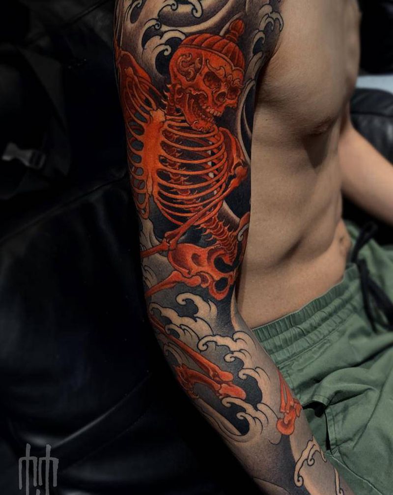 跳舞的嘎巴拉骷髅纹身图片_手臂新传统嘎巴拉骷髅纹身图案