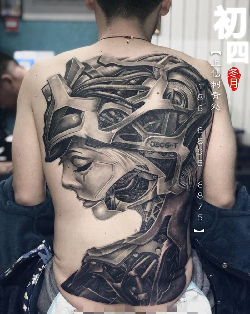 战争天使纹身图片_背部手臂欧美写实战争未来机械纹身图案