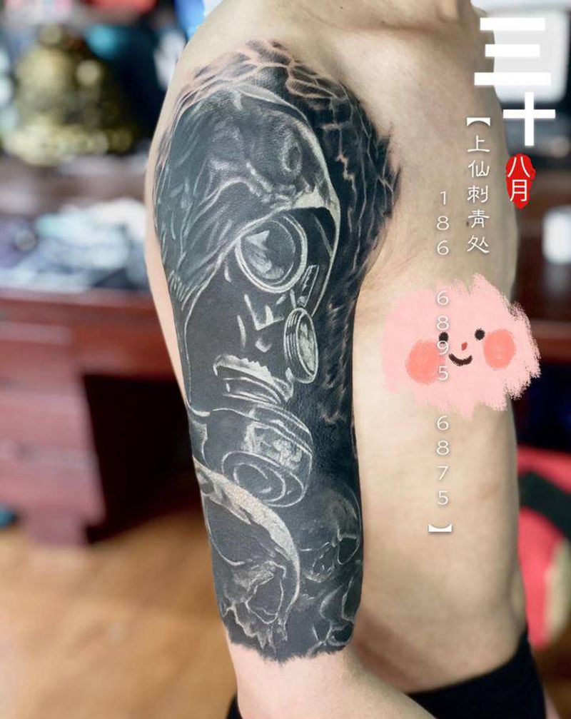 暴力遮盖纹身图片_手臂欧美写实遮盖战争面具纹身图案