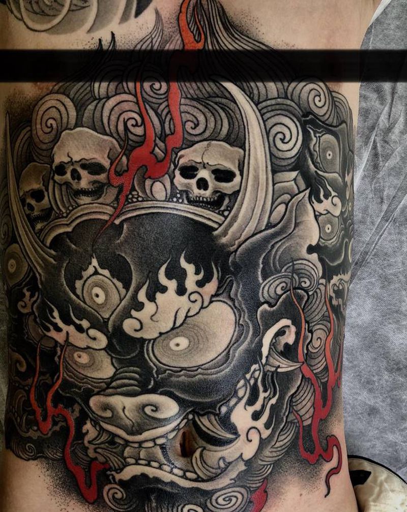 大黑天 爆肚皮的战士纹身图片_腹部新传统大黑天纹身图案