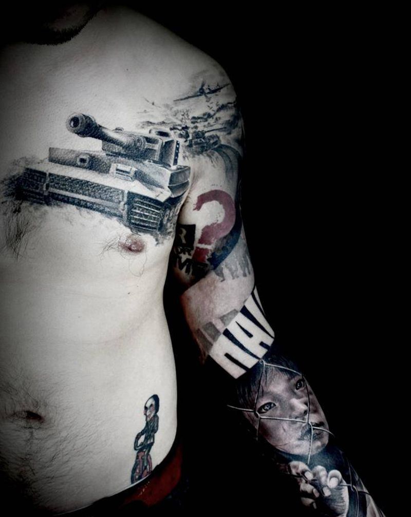 乐道出品 反战题材 花臂纹身图片_手臂胸部欧美写实 坦克飞机写实纹身图案