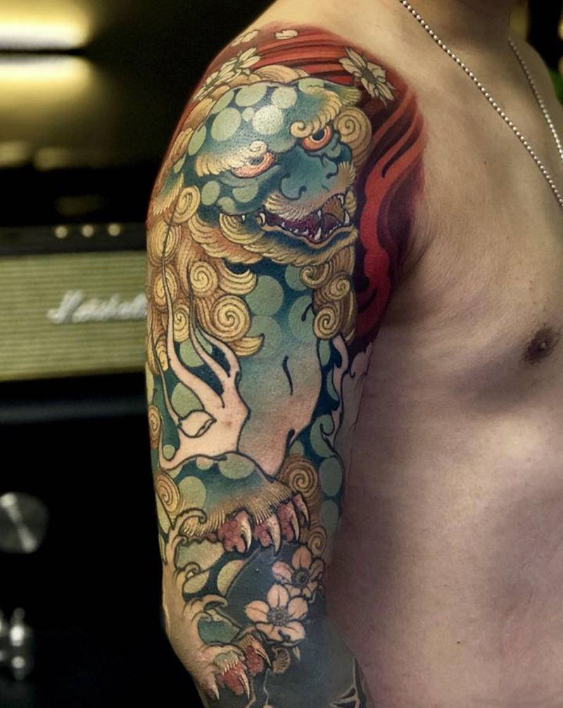 唐狮子纹身图片_手臂新传统纹身图案