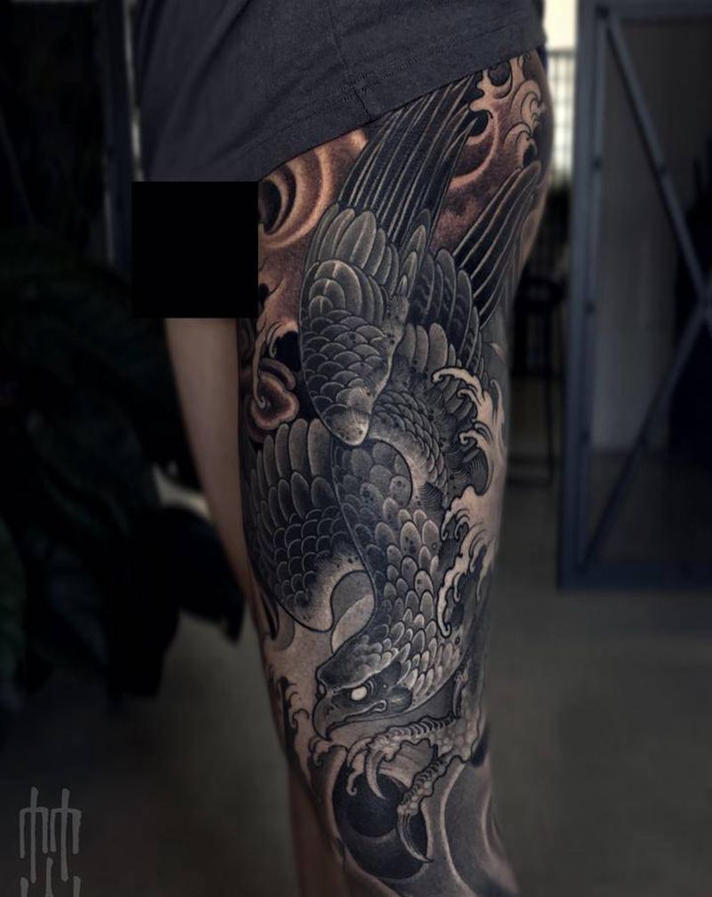 鹰纹身图片_腿部新传统纹身图案