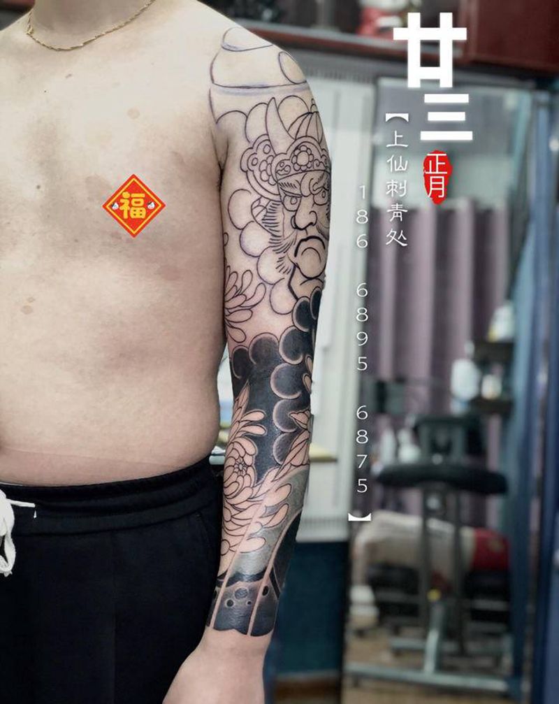 菊花武士纹身图片_手臂老传统武士老传统日式纹身图案