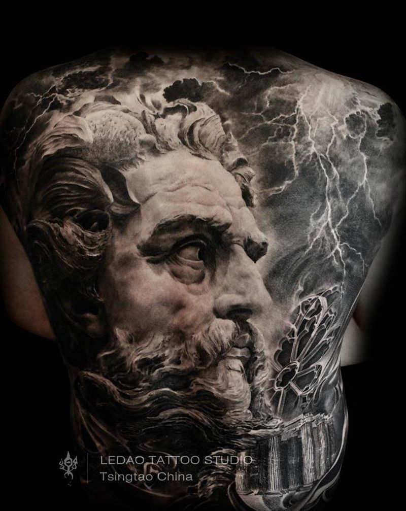 乐道出品 写实雕塑 恢复六年纹身图片_背部欧美写实雕塑纹身图案