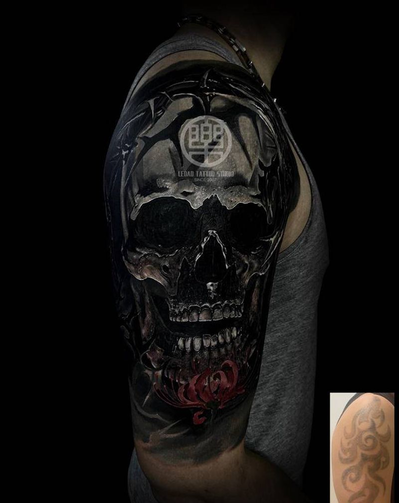 乐道出品 #暗黑系列 遮盖作品纹身图片_手臂肩部欧美写实骷髅彼岸花写实纹身图案