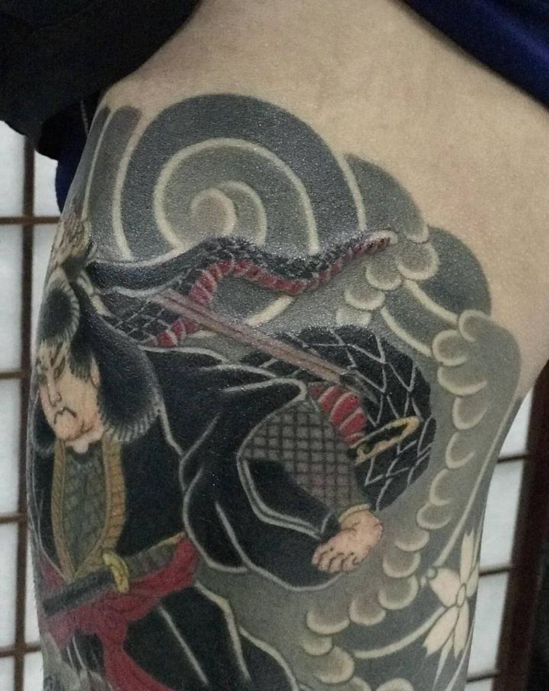 线条非本店纹身图片_腿部老传统纹身图案