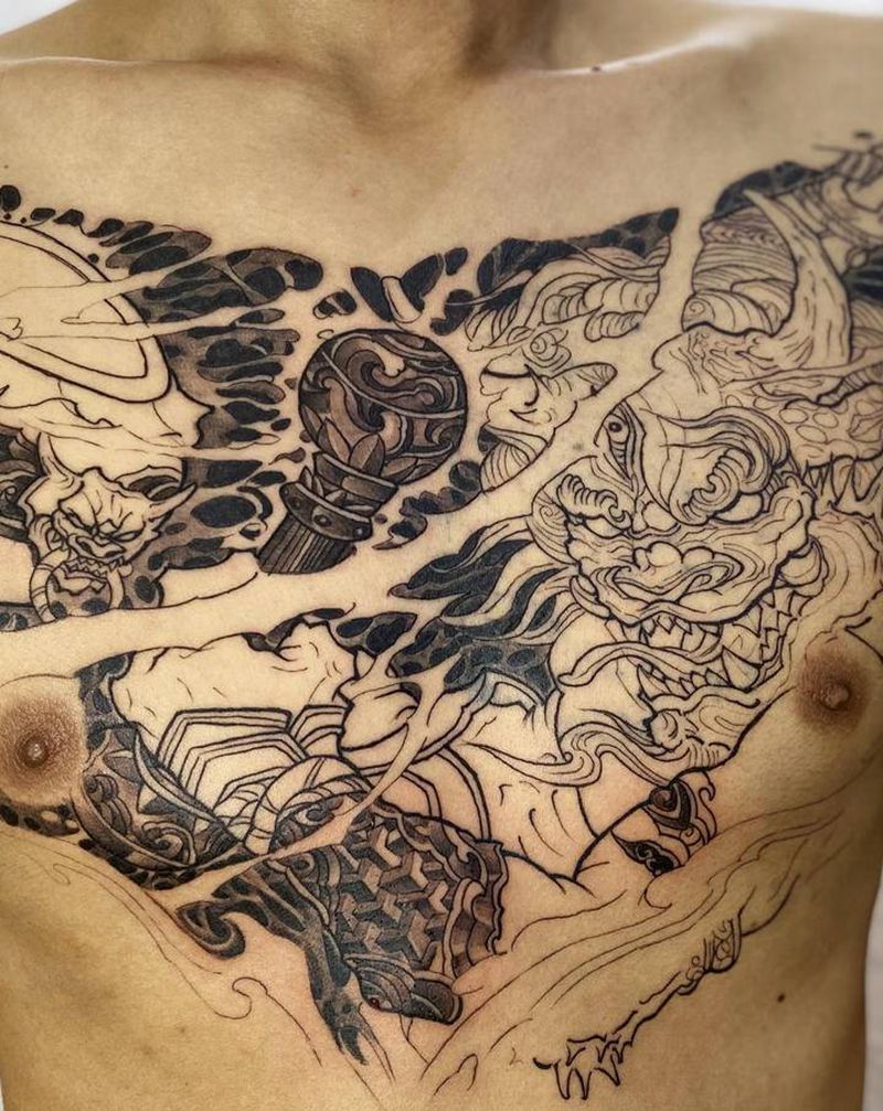 花胸— 雷神纹身图片_胸部新传统纹身图案