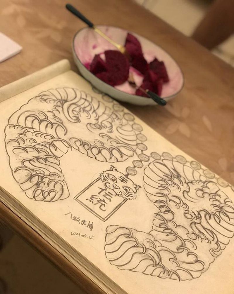 水浪半胛手稿纹身图片_老传统纹身图案