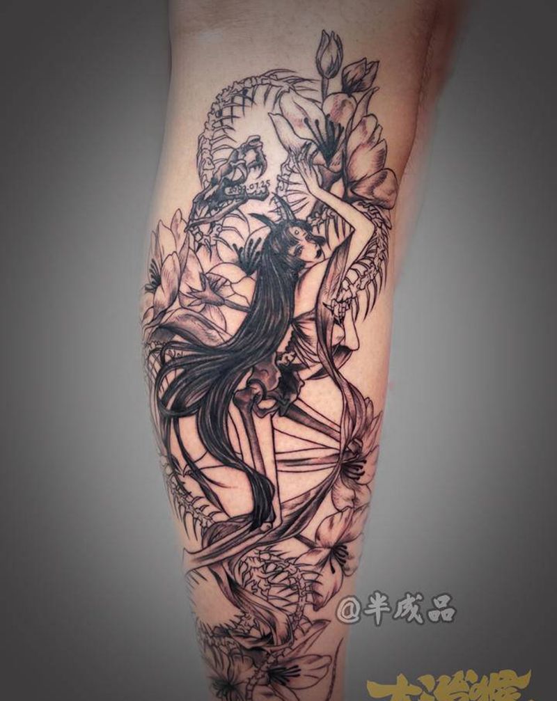美女与野兽纹身图片_腿部纹身图案