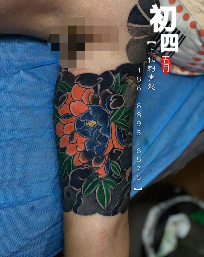 牡丹纹身图片_手臂腿部新传统日式牡丹遮盖纹身图案