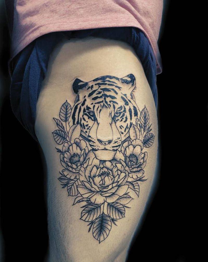 老虎纹身图片_腿部点刺纹身图案