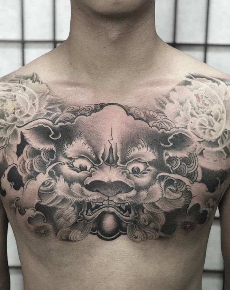 唐狮子纹身图片_胸部纹身图案
