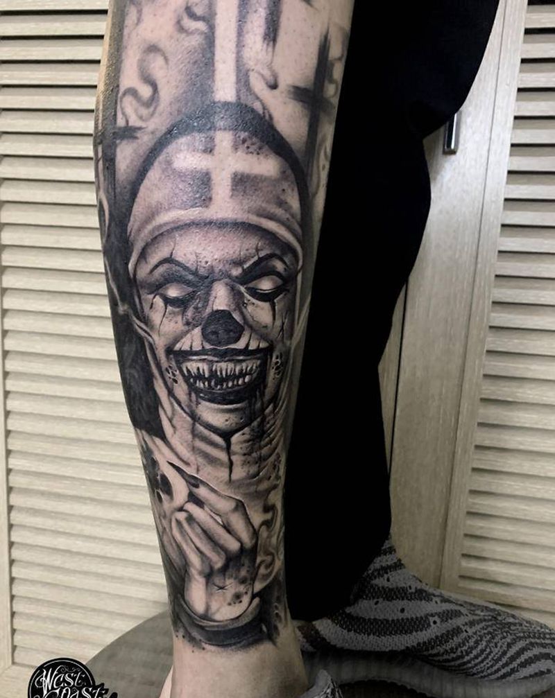 暗黑修女纹身图片_腿部欧美写实暗黑系列纹身图案