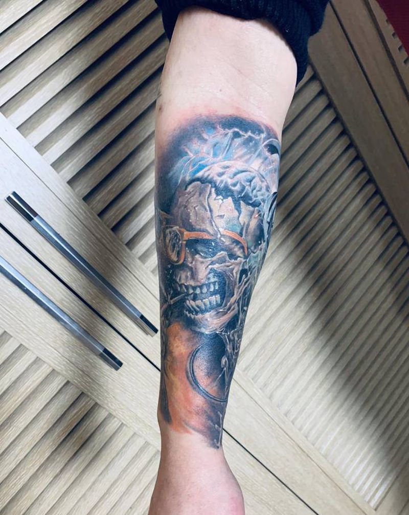 骷髅音乐家纹身图片_手臂欧美写实暗黑纹身图案