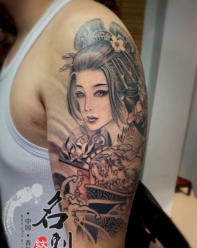 艺伎纹身图片_手臂新传统欧美写实纹身图案