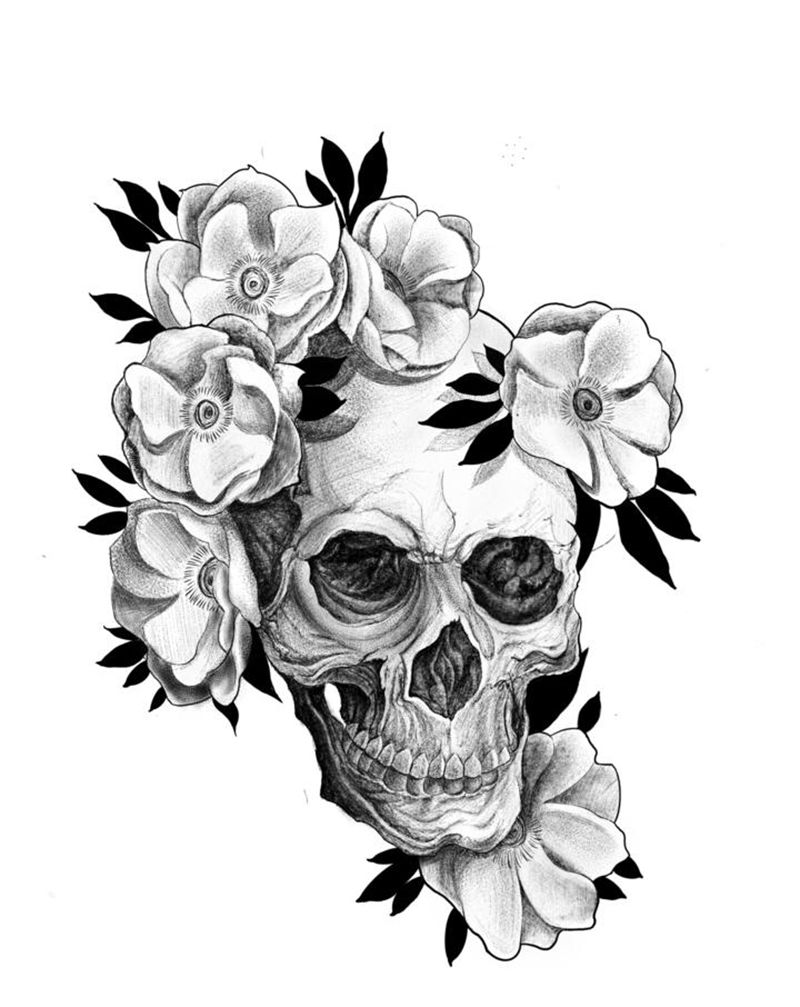 骷髅花花纹身图片_点刺欧美写实纹身图案