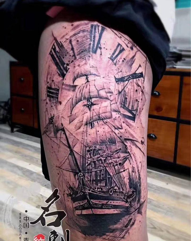 一帆风顺纹身图片_腿部欧美写实纹身图案