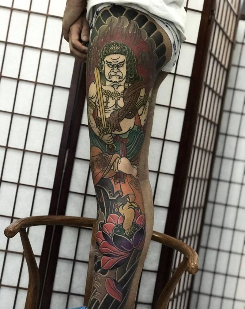 临摹,花腿不动明王,未完纹身图片_腿部老传统纹身图案