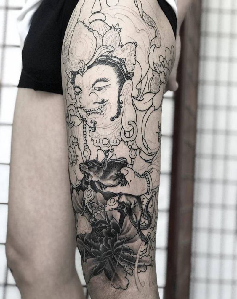 黄财神。未完纹身图片_腿部新传统纹身图案