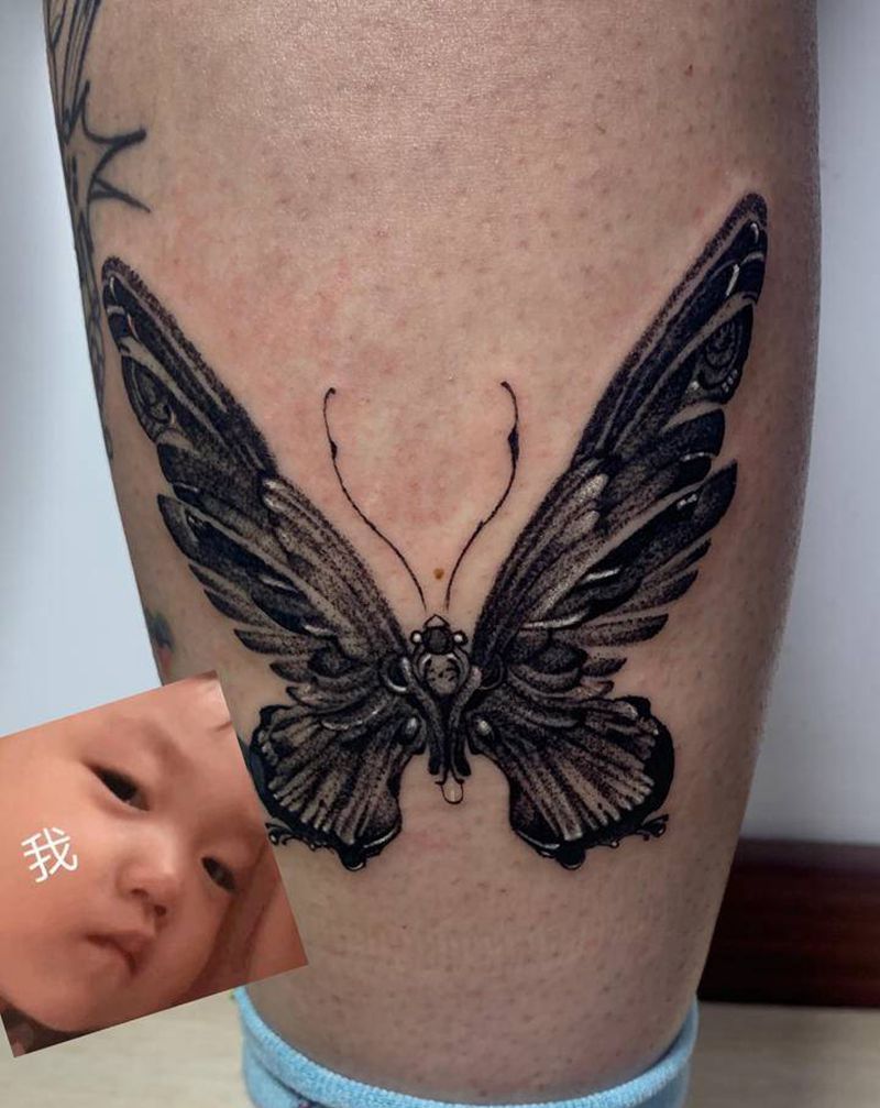 蝴蝶纹身图片_腿部点刺纹身图案
