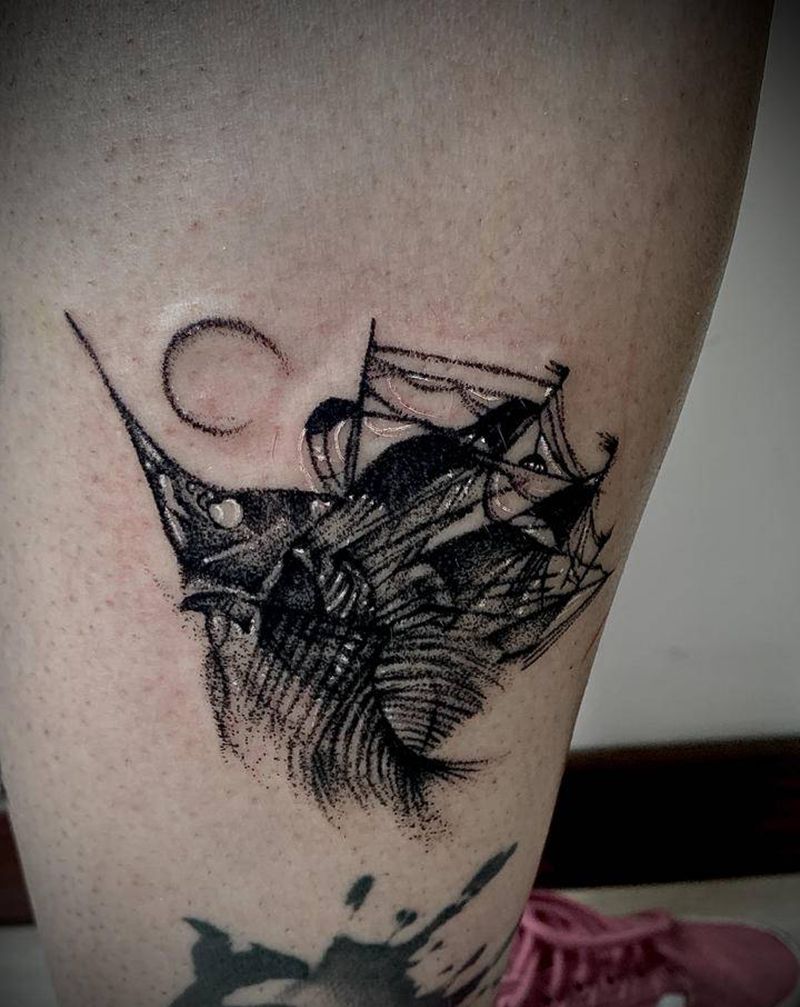 鱼骨船纹身图片_点刺纹身图案