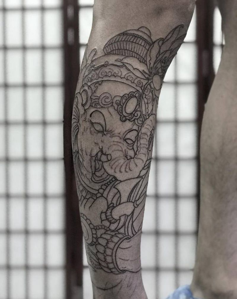 包小腿象神纹身图片_新传统纹身图案