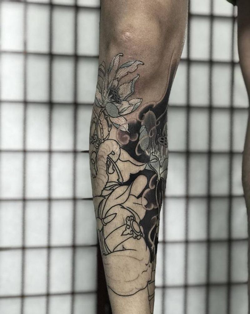 包小腿未完纹身图片_腿部新传统纹身图案