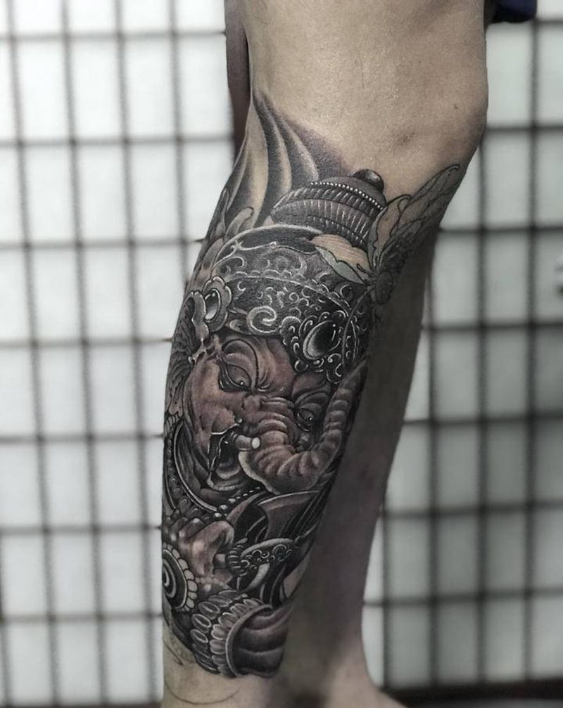 未完纹身图片_腿部新传统纹身图案