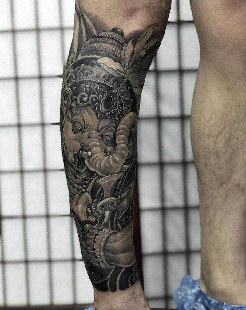 象神包小腿纹身图片_腿部新传统纹身图案