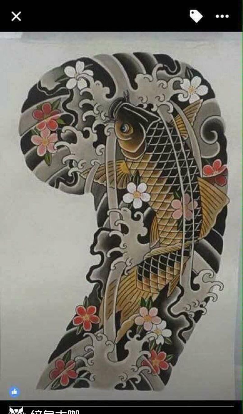 老传统鲤鱼花臂稿纹身图片_老传统纹身图案