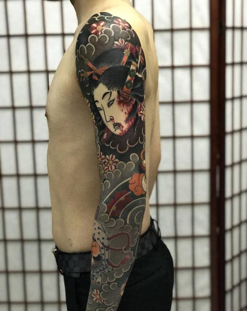 日式生首花臂纹身图片_手臂老传统纹身图案