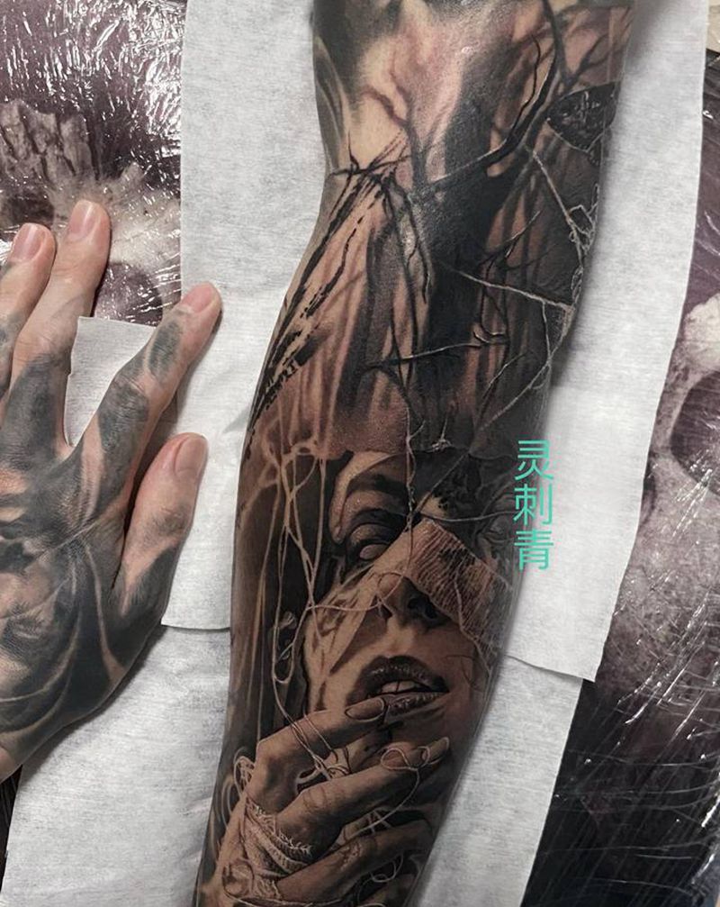 给同行接个花臂纹身图片_手臂写实肖像暗黑纹身图案